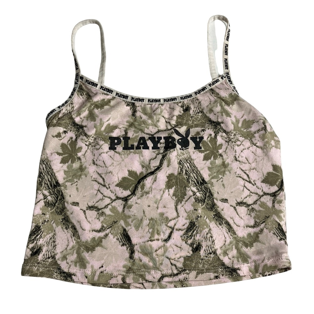 Playboy Cami Tank Top Womens XS Pink Camo Crop Logo Adjustable Strap Y2K McBling